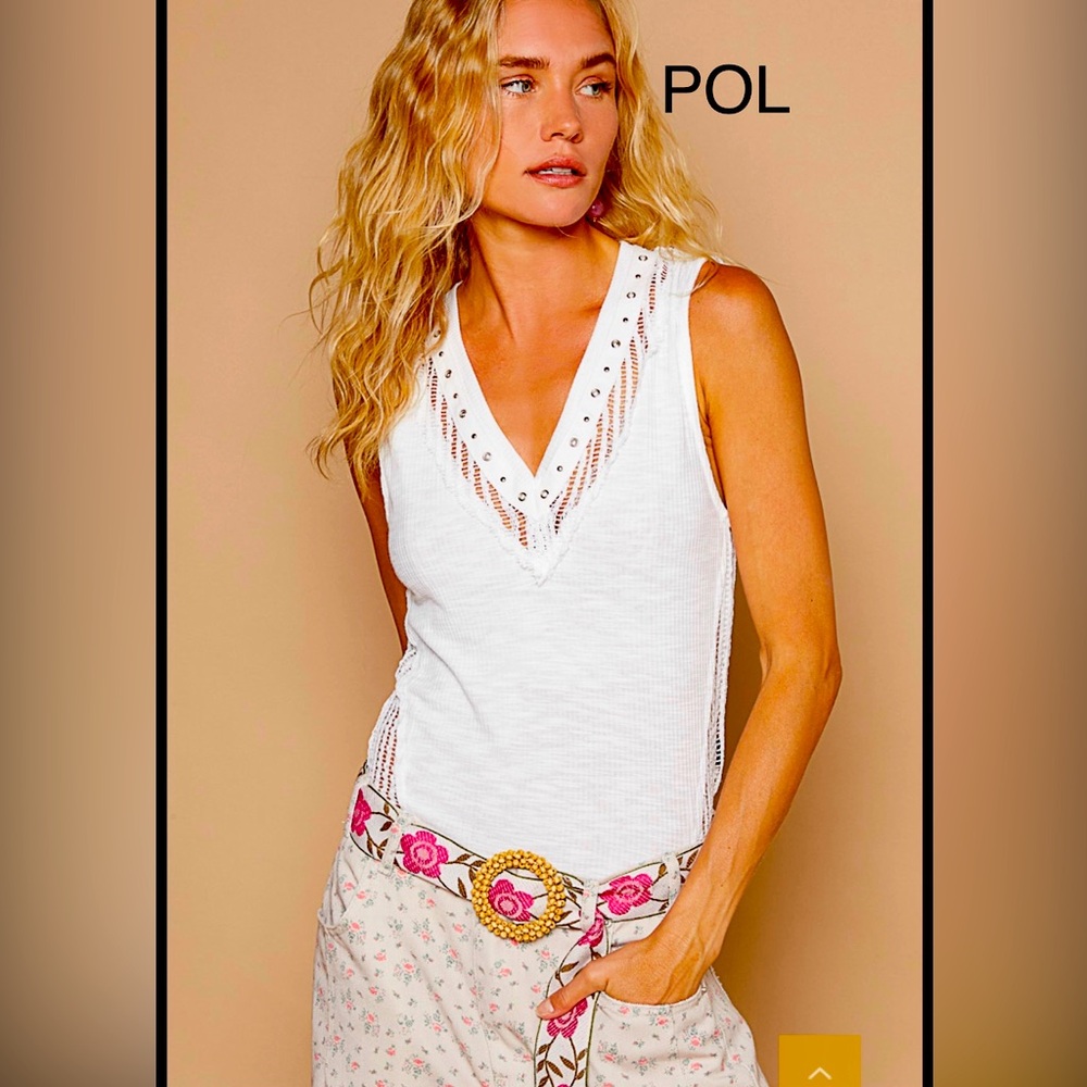 BP211-9🤍POL perfection in White Sleeveless Top w/mesh+silver details!